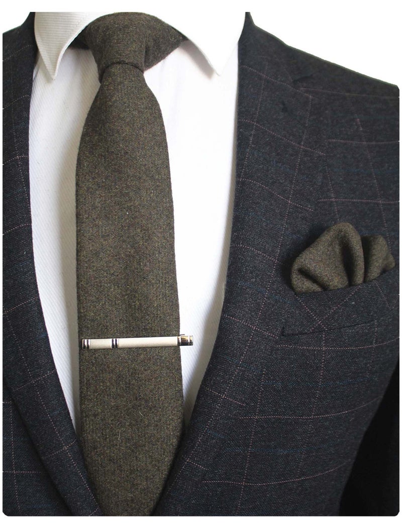 JEMYGINS Olive Green Cashmere Wool Necktie and Pocket Square, Hankerchief and Tie Clip Sets for Men (2) - Image 2